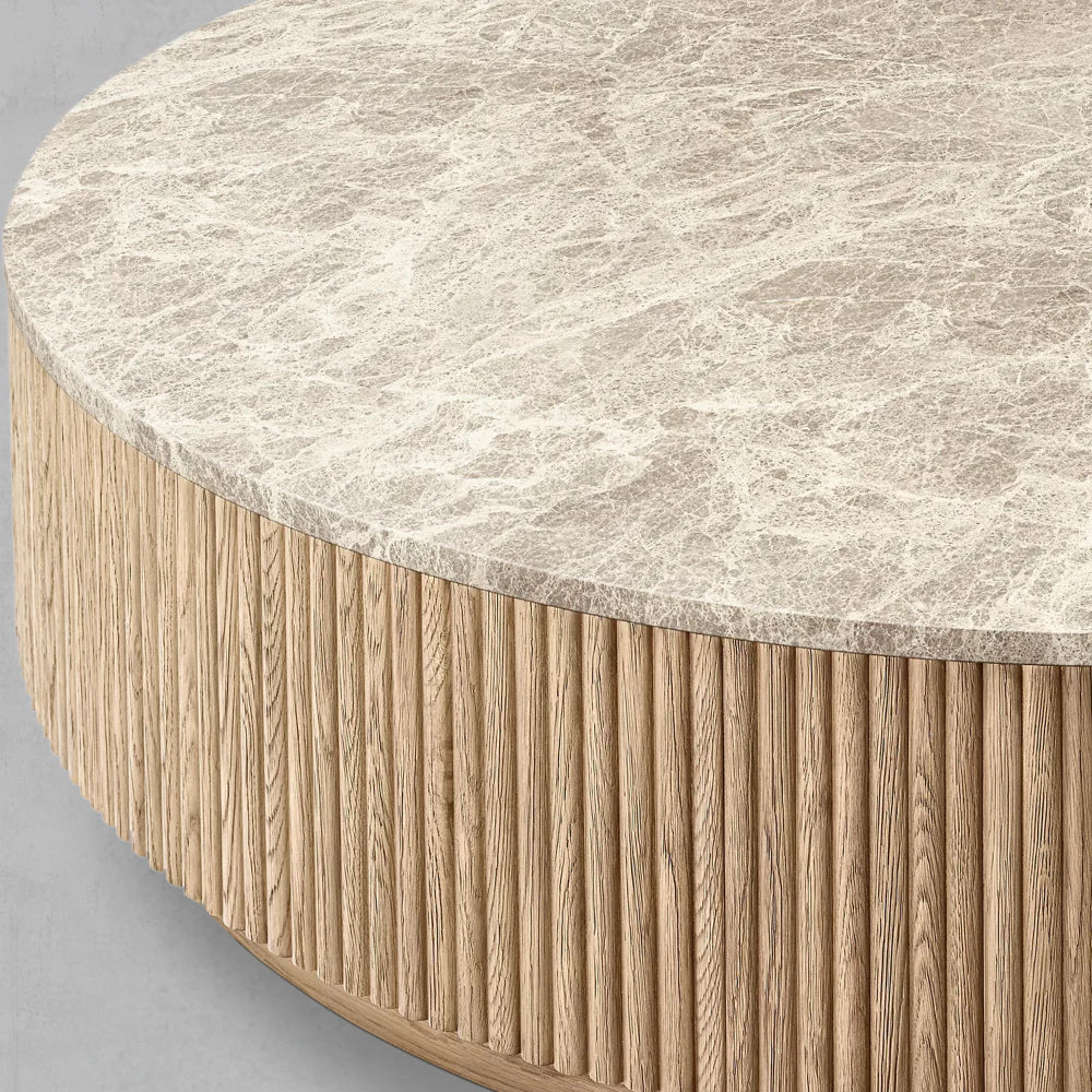 Mulholland Oak Wood & Stone Round Coffee Table