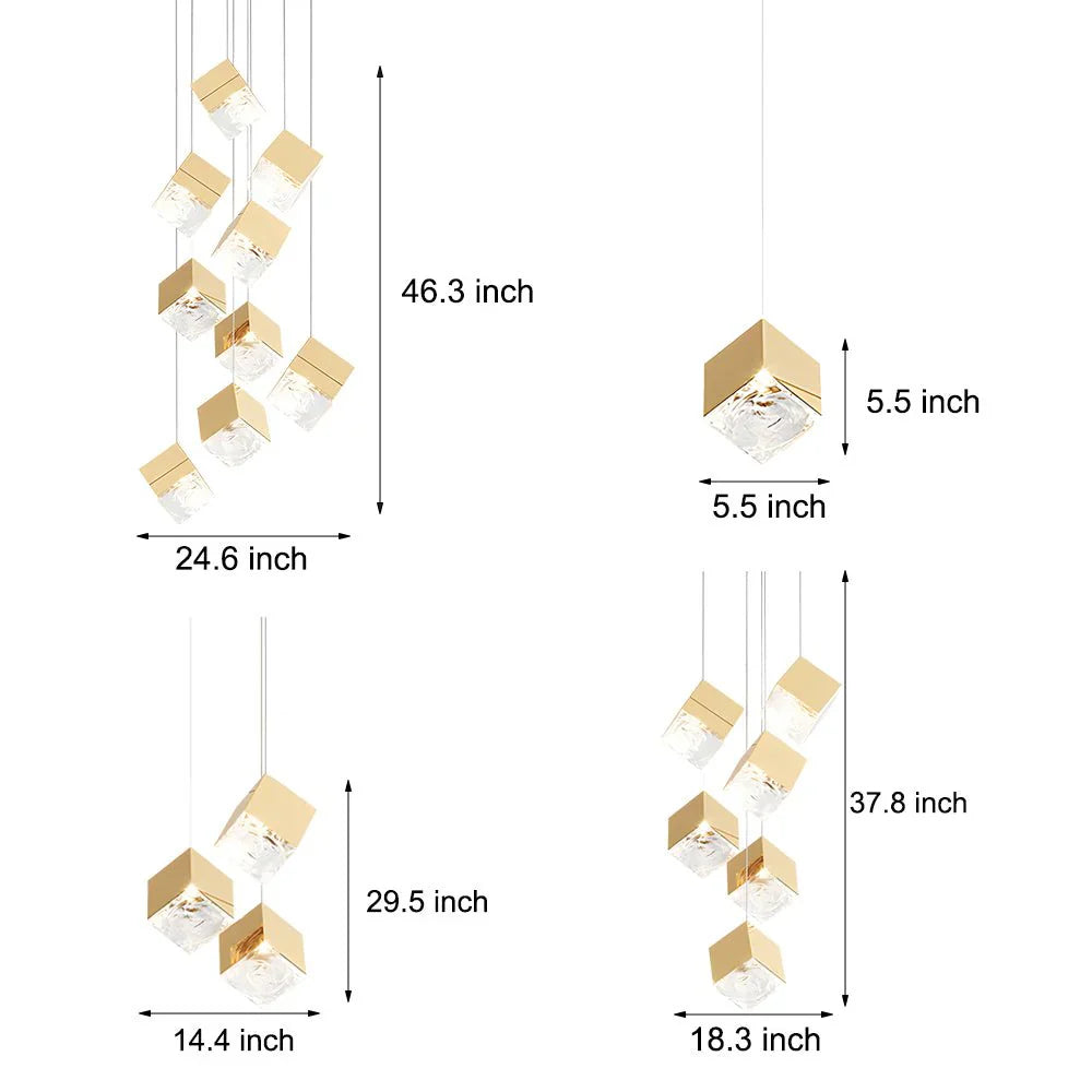 1/3/6/9-Light Multi Glass Ice Cube Metallic Staircase Chandelier