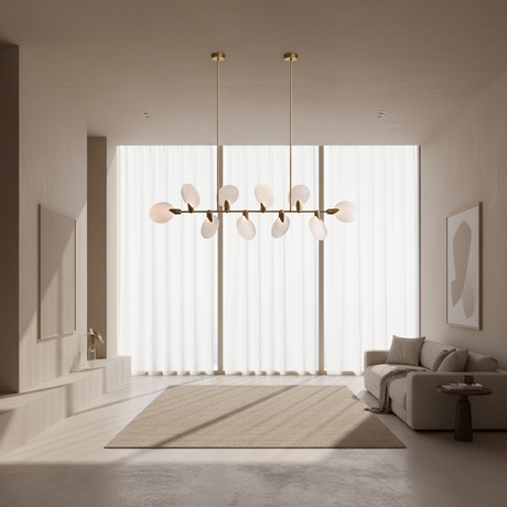 Modern chandelier with multiple round lights on a gray background