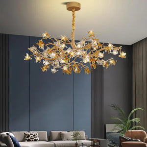 Aoso Orchid Branch & Crystal Bloom Brass Chandelier
