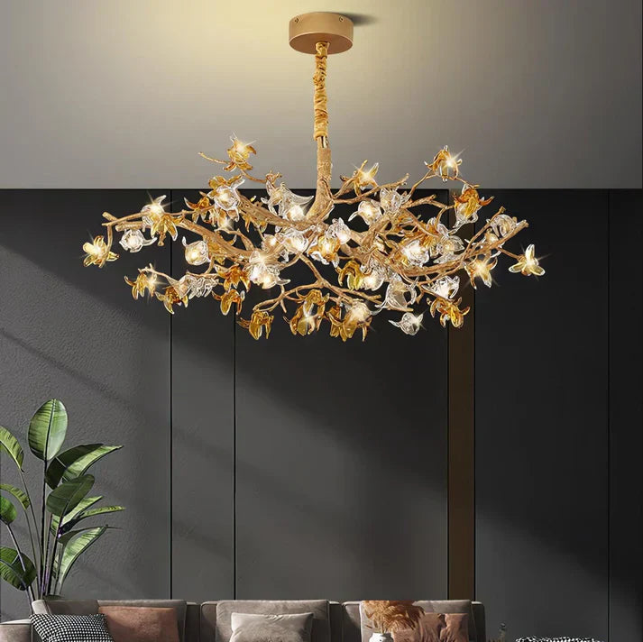 Aoso Orchid Branch & Crystal Bloom Brass Chandelier
