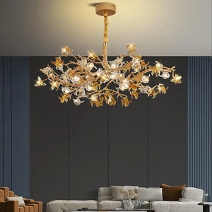 Aoso Orchid Branch & Crystal Bloom Brass Chandelier