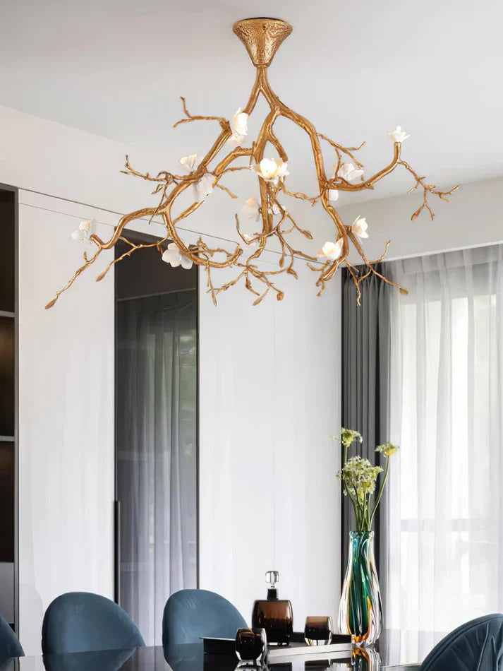 Auro Golden Branch & Porcelain Bloom Chandelier