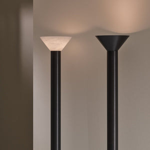 Two black floor lamps with white and black lampshades on a plain background