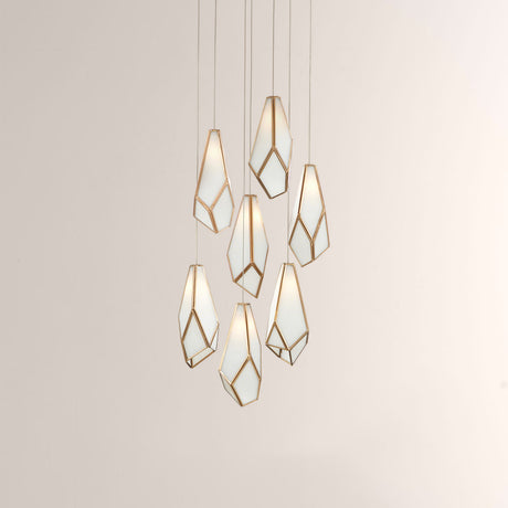Modern pendant light with geometric glass shades on a neutral background