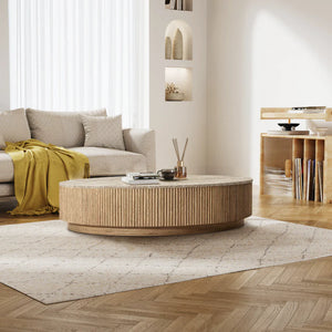 Mulholland Oak Wood & Stone Round Coffee Table